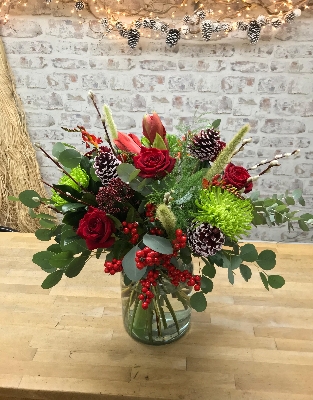 ‘So this is Christmas’ luxury bouquet in an eco friendly recycled vase.