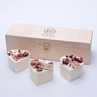 3 hand made luxury scented candles in a wooden gift box.