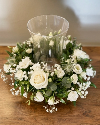 14” Winter whites hurricane candle table arrangement.